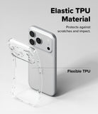 iPhone 18 Pro Max Case | Air - Transparent TPU phone case shown beside a silver smartphone on a light gray background, with text reading 'Elastic TPU Material,' 'Protects against scratches and impact,' and 'Flexible TPU.'.