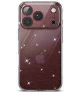 iPhone 18 Pro Max Case | Air - A clear glitter phone case shown on a smartphone from both the back and front angles, with a dark blue and black abstract wallpaper on the screen.