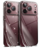 iPhone 18 Pro Max Case | Air - Two clear phone cases shown from the back, one with subtle glitter and one with a textured pattern, fitted on silver iPhones against a white background.