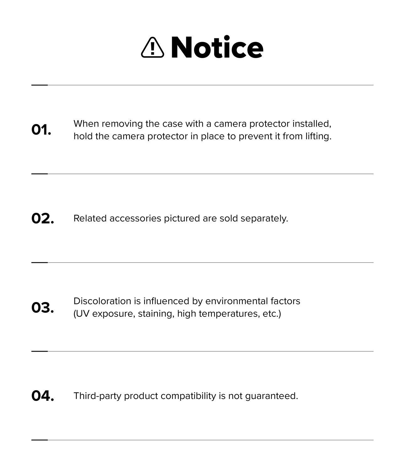 iPhone 18 Pro Max Case | Air - A black-and-white notice sheet with a warning icon and four numbered text points about handling a camera case and camera protector, sold separately accessories, environmental discoloration, and third-party compatibility.