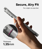 iPhone 18 Pro Max Case | Air - A hand holds a slim transparent phone case against a light gray background, with text reading 'Secure, Airy Fit' and a circular inset showing the case edge thickness at 1.35mm.