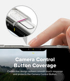 iPhone 18 Pro Max Case | Air - A close-up of a hand pressing the camera control button of a smartphone, with a circular inset showing a transparent protective cover over the button. Text on the image reads 'Camera Control Button Coverage' and describes a conductive design that delivers smooth touch response and protection.