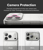iPhone 18 Pro Max Case | Air - Promotional graphic for a clear camera protection case shown on a smartphone. The top section has text reading 'Camera Protection' and shows the case installed on the phone, with pink ring accents around the camera openings.