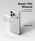 iPhone 18 Pro Max Case | Air - A clear TPU phone case with subtle glitter is shown in front of a silver smartphone on a light gray background, with text reading 'Elastic TPU Material,' 'Protects against scratches and impact,' and 'Flexible TPU.'.