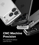 iPhone 18 Pro Max Camera Protector | Camera Full Cover Tempered Glass (2 Pack) - Three smartphone cases in silver and black shown at an angle on a black background, with text reading 'CNC Machine Precision' and 'For a perfect fit without room for error.'.