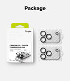 iPhone 18 Pro Max Camera Protector | Camera Full Cover Tempered Glass (2 Pack) - Ringke camera full cover tempered glass 2-pack shown with its white retail box and two individual glass protector pieces on a light gray background under the heading 'Package'.