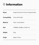 iPhone 18 Pro Max Camera Protector | Camera Full Cover Tempered Glass (2 Pack) - A product information card with a light gray background and black text listing details for a Ringke Camera Full Cover Tempered Glass case compatible with iPhone 18 Pro Max.