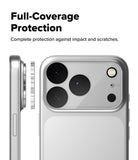 iPhone 18 Pro Max Camera Protector | Camera Full Cover Tempered Glass (2 Pack) - A silver smartphone shown from the back with a clear protective bumper around the camera and flash, plus a side profile view demonstrating full coverage. Large text reads 'Full-Coverage Protection' with smaller text below stating 'Complete protection against impact and scratches.