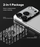 iPhone 18 Pro Max Camera Protector | Camera Full Cover Tempered Glass (2 Pack) - A promotional graphic for a 2-in-1 phone camera replacement package, showing a silver smartphone with a fitted camera lens protector and a stack of clear tempered glass lens protectors labeled 'Camera Full Cover Tempered Glass 1' and 'Camera Full Cover Tempered Glass 2' on a dark background.
