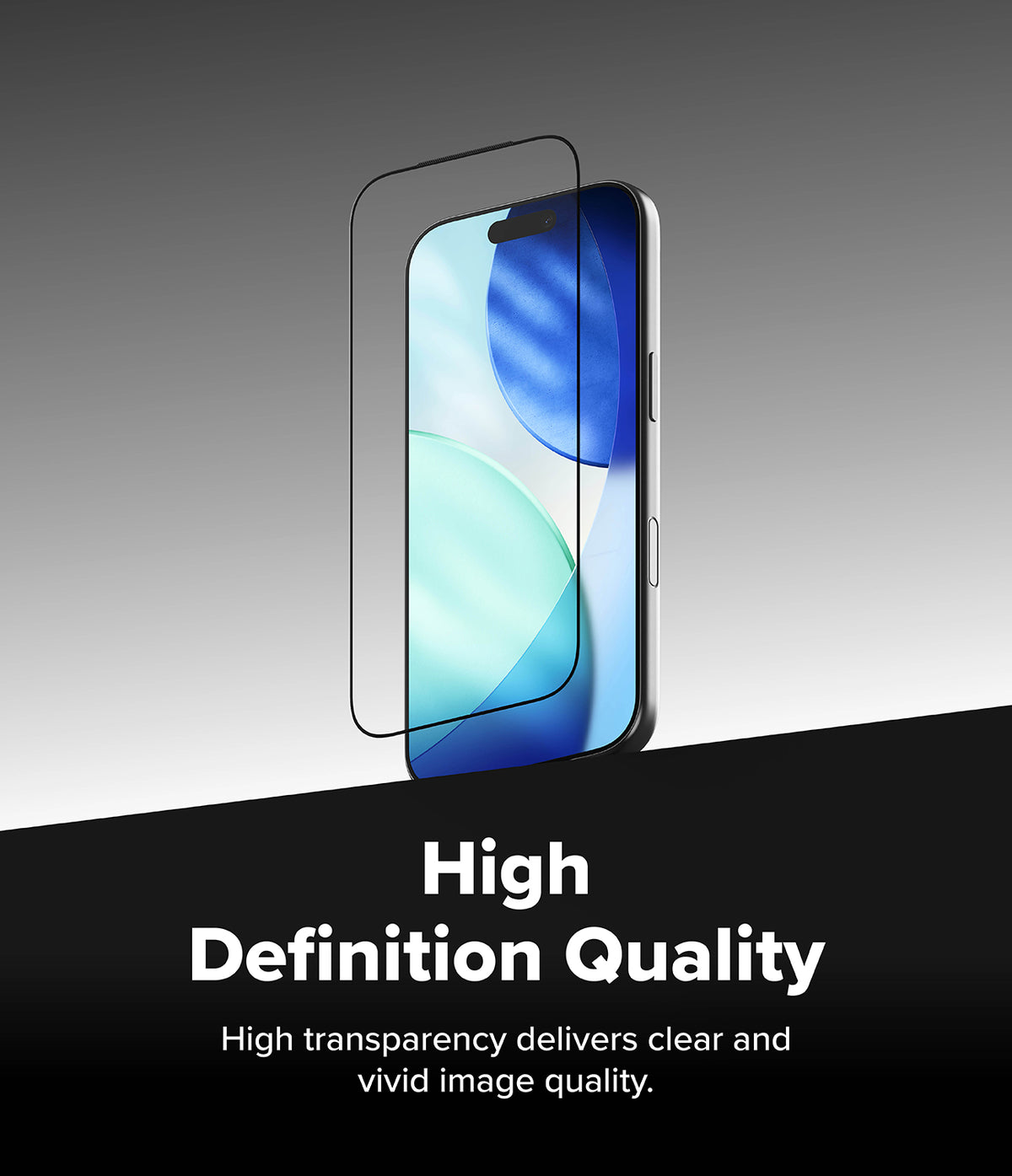 iPhone 18 Pro / Pro Max AR Screen & Camera Protectors all-groups - A clear tempered glass screen protector is shown floating over a smartphone on a gray-to-black gradient background, with the text 'High Definition Quality' and 'High transparency delivers clear and vivid image quality.' below.