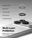 iPhone 18 Pro / Pro Max AR Screen & Camera Protectors all-groups - A close-up of a smartphone camera area with layered protective film pieces shown above and text listing features: oleophobic coating, black silk print, 9H tempered glass, aluminum frame, and double-sided adhesive. Large text reads 'Multi-Layer Protection' and 'Shields against impact, scratches, and impurities.