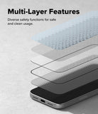 iPhone 18 Pro Max Screen Protector | Easy Slide AR Tempered Glass - A promotional graphic showing a smartphone with layered transparent protective films applied, labeled 'Multi-Layer Features' with the subtitle 'Diverse safety functions for safe and clean usage.' The image is monochrome and focuses on the layered screen protector concept rather than a clean standalone product shot.