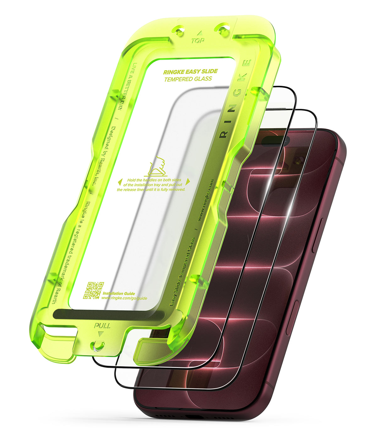 iPhone 18 Pro Max Screen Protector | Easy Slide Tempered Glass (2 Pack) - Two translucent lime green tempered glass screen protectors shown with a smartphone, alongside the product box. A large '2 PACK' badge appears in the top-left corner.