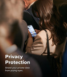 iPhone 18 Pro Max Screen Protector | Easy Slide Privacy Tempered Glass (2 Pack) - A woman in a beige blazer looks down at a smartphone held in her hands while seated in a crowded indoor setting. Large overlaid text reads 'Privacy Protection' with the subtitle 'Shield your private data from prying eyes.
