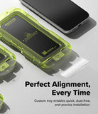 iPhone 18 Pro Max Screen Protector | Easy Slide Tempered Glass (2 Pack) - Clear phone case with green accents on a light gray background, featuring text about alignment and installation.