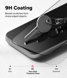 iPhone 18 Pro Max Screen Protector | Easy Slide Tempered Glass (2 Pack) - Smartphone with tempered glass screen protector and keychain, highlighting 9H coating resistance to scratches.