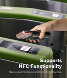 iPhone 18 Pro Max MagSafe Wallet | Folio Grip Wallet Magnetic - A hand holding a smartphone with an NFC chip scans a card near a green and black turnstile. Text on the image reads 'Supports NFC Functionality' and 'Store a card into the rear slot to enable NFC access.