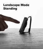 iPhone 18 Pro Max MagSafe Wallet | Folio Grip Wallet Magnetic - A smartphone shown standing upright on its kickstand with a hand pointing toward it. Large text reads 'Landscape Mode Standing' and smaller text says 'Fold back the cover to prop up your device for hands-free comfort.