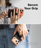 iPhone 18 Pro Max MagSafe Wallet | Folio Grip Wallet Magnetic - Two-panel lifestyle image showing a phone grip accessory being used on a smartphone. The top panel shows a person holding a phone with the black grip strap extended, and the bottom panel shows the same grip attached to a phone tucked into a pocket.