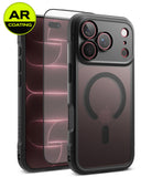 [Bundle] iPhone 18 Pro / Pro Max | Fusion Bold Magnetic Matte + AR Protectors - A dark gray protective phone case with a MagSafe ring on the back, shown alongside two clear AR-coated screen protectors with blue light reflections. A green circular 'AR COATING' badge is in the top-left corner.