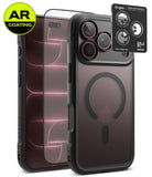 [Bundle] iPhone 18 Pro / Pro Max | Fusion Bold Magnetic Matte + AR Protectors - A dark gray protective phone case with a MagSafe ring on the back, shown alongside two clear AR-coated screen protectors with blue light reflections. A green circular 'AR COATING' badge is in the top-left corner.