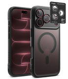 [Bundle] iPhone 18 Pro / Pro Max | Fusion Bold Magnetic Matte + Privacy Protectors - Ringke iPhone case in matte black, shown from both the front and back angles. The back view features a MagSafe-compatible circular magnetic ring and a black camera lens protector overlay with Ringke branding.