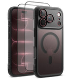 [Bundle] iPhone 18 Pro / Pro Max | Fusion Bold Magnetic Matte + Protectors - A dark gray protective phone case shown from the back and side, with a matching screen protector overlay displayed on the front. The case features a MagSafe-compatible circular magnetic ring on the back, a raised camera cutout, and a rugged black bumper edge.