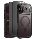 [Bundle] iPhone 18 Pro / Pro Max | Fusion Bold Magnetic Matte + Privacy Protectors - Three views of a dark gray MagSafe-compatible phone case on a white background, showing the back with the magnetic ring, the side profile, and the front screen view.