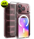 [Bundle] iPhone 18 Pro | Fusion Card Magnetic + AR Protectors - Clear MagSafe-compatible phone case with a built-in card slot and transparent screen protector, shown on a smartphone with a colorful pastel wallpaper. A yellow circular 'AR COATING' badge appears in the top-left corner.