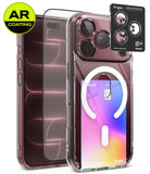 [Bundle] iPhone 18 Pro | Fusion Card Magnetic + AR Protectors - Clear protective phone case with a built-in white MagSafe ring, shown alongside two black AR-coating screen protectors and a Ringke camera lens protector sticker. The case is displayed on a smartphone with a pastel gradient wallpaper.