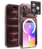 [Bundle] iPhone 18 Pro | Fusion Card Magnetic + AR Protectors - A transparent protective phone case shown on a smartphone, with a black Ringke camera lens protector sticker applied to the rear camera area. The case is clear and fitted around a phone with a blue and mint wallpaper on the front and a pastel gradient wallpaper on the back.