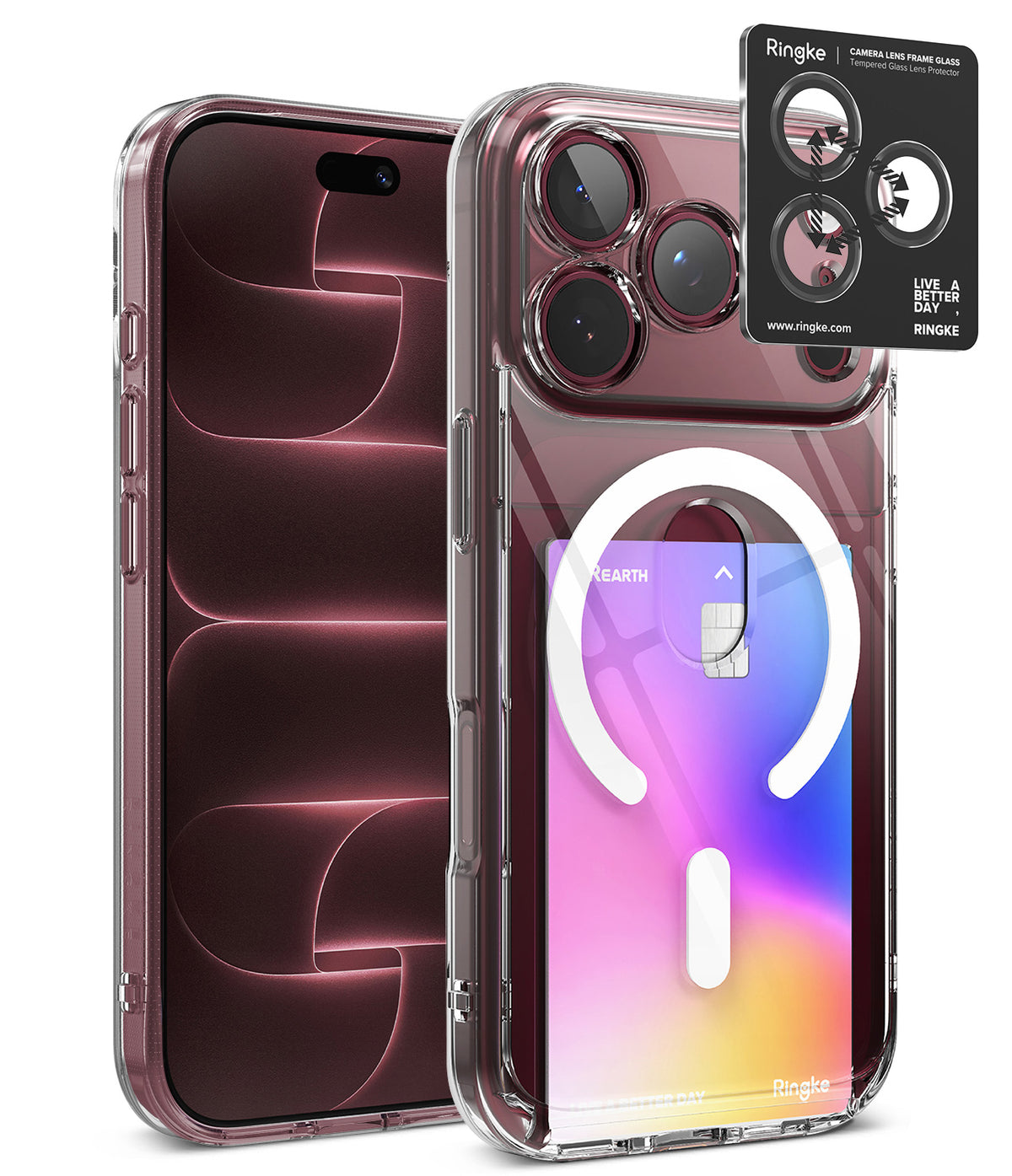 [Bundle] iPhone 18 Pro | Fusion Card Magnetic + Privacy Protectors - A transparent protective phone case shown on a smartphone, with a black Ringke camera lens protector sticker applied to the rear camera area. The case is clear and fitted around a phone with a blue and mint wallpaper on the front and a pastel gradient wallpaper on the back.