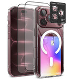 [Bundle] iPhone 18 Pro | Fusion Card Magnetic + Protectors - Clear protective phone case with a built-in white MagSafe ring, shown on a smartphone. The image also includes two black tempered glass screen protectors and a black Ringke camera lens protector sticker.