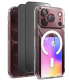 [Bundle] iPhone 18 Pro | Fusion Card Magnetic + Privacy Protectors - Three transparent phone cases shown on smartphones against a white background, with the front case featuring a built-in white MagSafe-style ring and a colorful card holder insert. The cases are clear with metallic and dark inner layers visible.