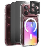 [Bundle] iPhone 18 Pro | Fusion Card Magnetic + Privacy Protectors - Ringke Live & Stay case set for iPhone, featuring a clear protective case with a built-in MagSafe ring, a white card slot with an ID card, a black camera lens protector, and a black Ringke brand sticker, displayed alongside two black iPhones.