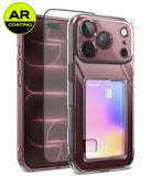 [Bundle] iPhone 18 Pro / Pro Max | Fusion Card + AR Protectors - Clear protective phone case with a built-in card slot and a circular AR Coating badge overlay, shown on a smartphone from front and back angles against a white background.