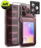 [Bundle] iPhone 18 Pro / Pro Max | Fusion Card + AR Protectors - Clear protective phone case with a built-in card slot and transparent camera surround, shown on a smartphone. Two AR-coated screen protectors are displayed beside the phone, along with a Ringke camera lens protector sticker and a small Ringke badge.