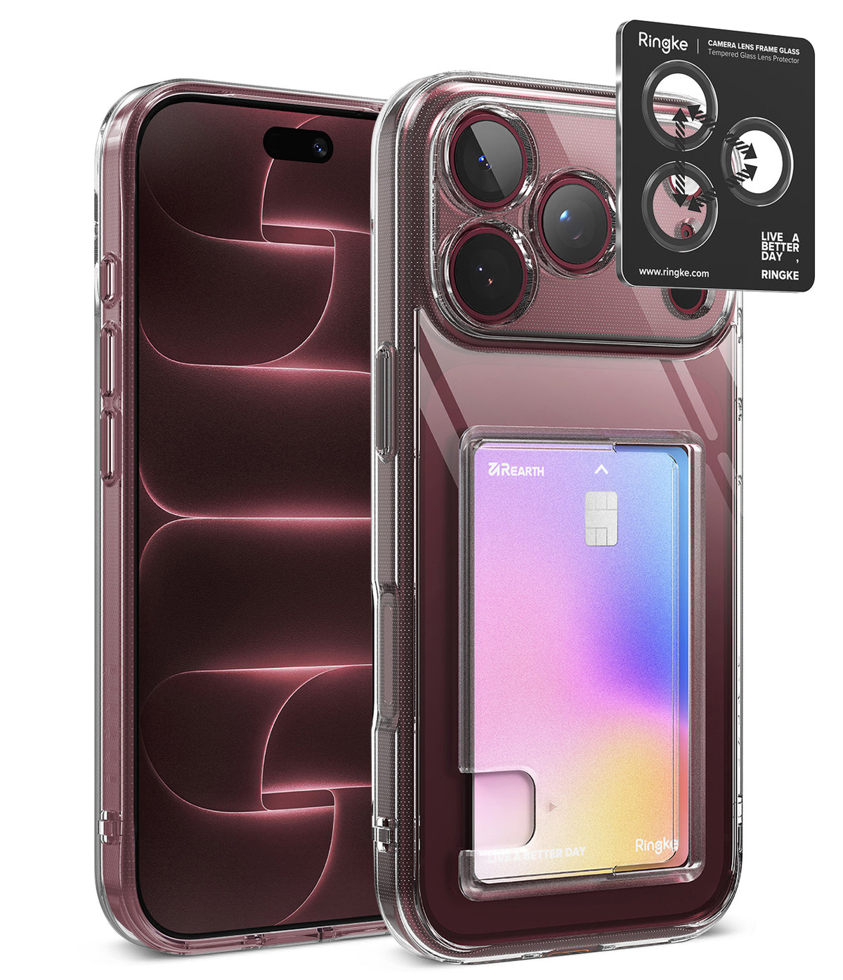 [Bundle] iPhone 18 Pro / Pro Max | Fusion Card + AR Protectors - Clear protective phone case with a built-in card holder pocket and camera ring, shown on a smartphone with a card inserted, plus a black Ringke camera ring accessory shown separately on a white background.