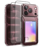 [Bundle] iPhone 18 Pro / Pro Max | Fusion Card + Protectors - Clear protective phone case with a built-in card slot holding a credit card, shown alongside two black tempered glass screen protectors on a white background.
