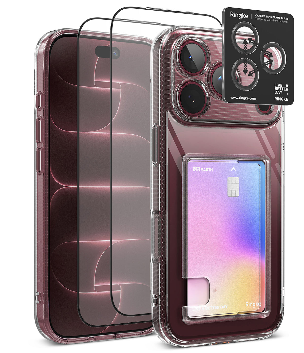 [Bundle] iPhone 18 Pro / Pro Max | Fusion Card + Protectors - Clear protective phone case with a built-in card holder pocket, shown on a smartphone with two tempered glass screen protectors and a Ringke camera lens protector sticker displayed beside it on a white background.