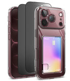 [Bundle] iPhone 18 Pro / Pro Max | Fusion Card + Privacy Protectors - Three clear protective phone cases shown on smartphones against a white background, with the front case displaying a built-in card holder containing a credit card.