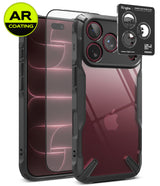 [Bundle] iPhone 18 Pro / Pro Max | Fusion-X + AR Protectors - Clear protective phone case with black bumper edges shown on an iPhone, alongside two AR-coated screen protectors and a Ringke camera lens protector accessory card, on a white background.