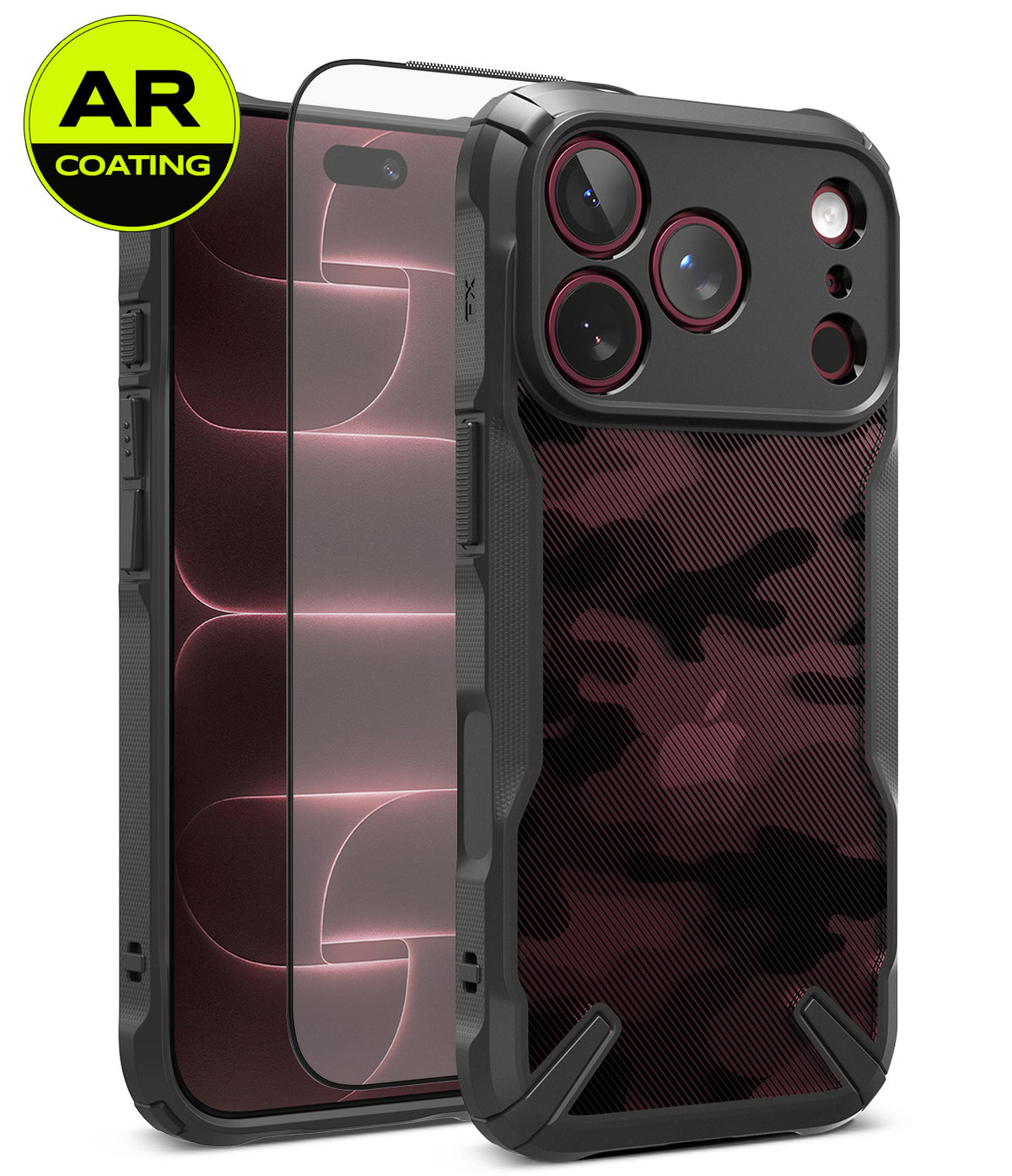 [Bundle] iPhone 18 Pro / Pro Max | Fusion-X + AR Protectors - A black protective phone case with a gray and black camouflage pattern on the back, shown alongside two clear tempered glass screen protectors with an AR coating overlay. A yellow circular 'AR COATING' badge is in the top-left corner.
