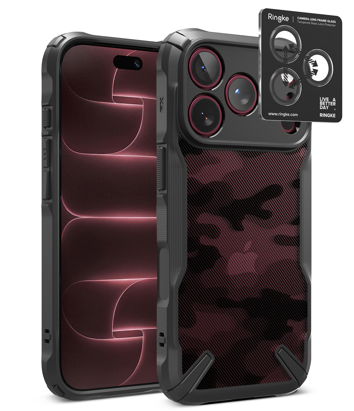 [Bundle] iPhone 18 Pro / Pro Max | Fusion-X + Protectors - A black protective phone case with a textured carbon-fiber-style back panel and a raised camera cutout, shown from the back and side on a white background. A small Ringke camera lens protector sticker is shown above the camera opening.