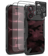 [Bundle] iPhone 18 Pro / Pro Max | Fusion-X + Protectors - Ringke camera lens protector set shown on a smartphone case, including two clear lens protectors over the front camera and a black camera lens protector card with Ringke branding and a live view window.