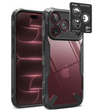 [Bundle] iPhone 18 Pro / Pro Max | Fusion-X + Protectors - A clear protective phone case with a black bumper frame, shown on a smartphone from the front and back. A black Ringke camera lens protector sticker is displayed on the upper right corner of the back view.