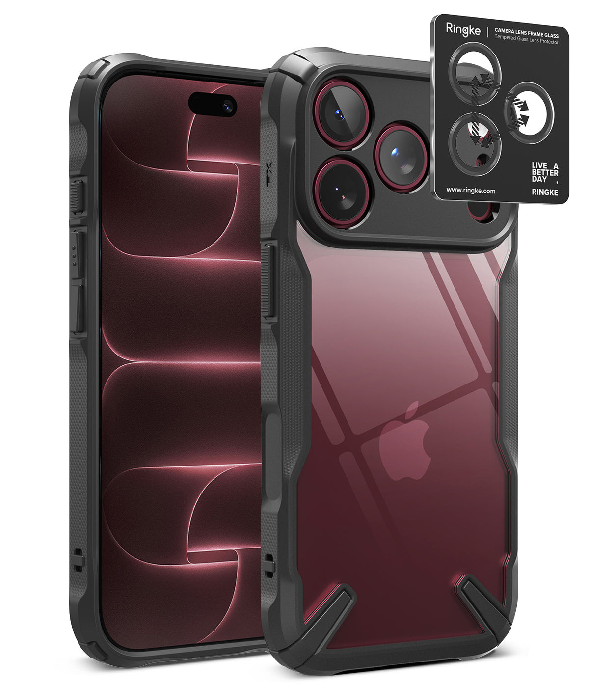 [Bundle] iPhone 18 Pro / Pro Max | Fusion-X + Privacy Protectors - A clear protective phone case with a black bumper frame, shown on a smartphone from the front and back. A black Ringke camera lens protector sticker is displayed on the upper right corner of the back view.