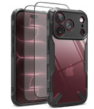 [Bundle] iPhone 18 Pro / Pro Max | Fusion-X + Protectors - A clear and black protective phone case with a matching tempered glass screen protector, shown on a silver iPhone. The case features a rugged black bumper frame with corner reinforcements and a transparent back panel.