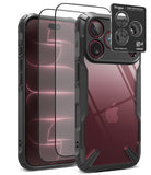 [Bundle] iPhone 18 Pro / Pro Max | Fusion-X + Protectors - A clear and black protective phone case set shown on a smartphone, with two transparent screen protectors floating beside it and a small black Ringke camera lens protector card in the upper right. The Apple logo is visible through the case, but Apple is not the product brand being sold here.