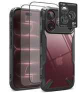 [Bundle] iPhone 18 Pro / Pro Max | Fusion-X + Protectors - A clear and black protective phone case set shown on a smartphone, with two transparent screen protectors floating beside it and a small black Ringke camera lens protector card in the upper right. The Apple logo is visible through the case, but Apple is not the product brand being sold here.